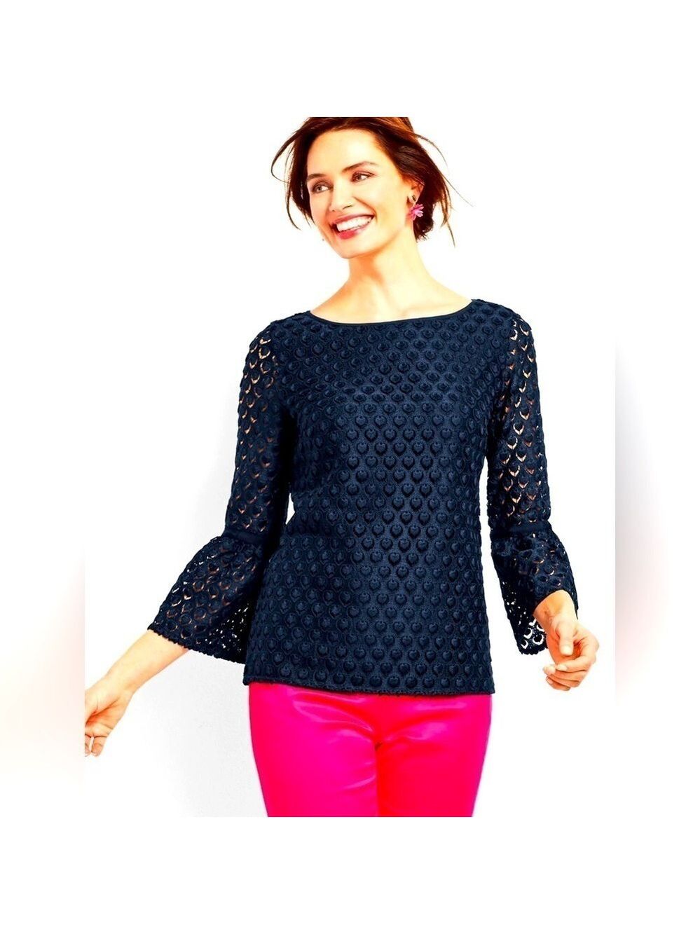 TALBOTS RSVP Bell Sleeve Lace Top Navy Blouse Crew Neck Bell Sleeves small EUC